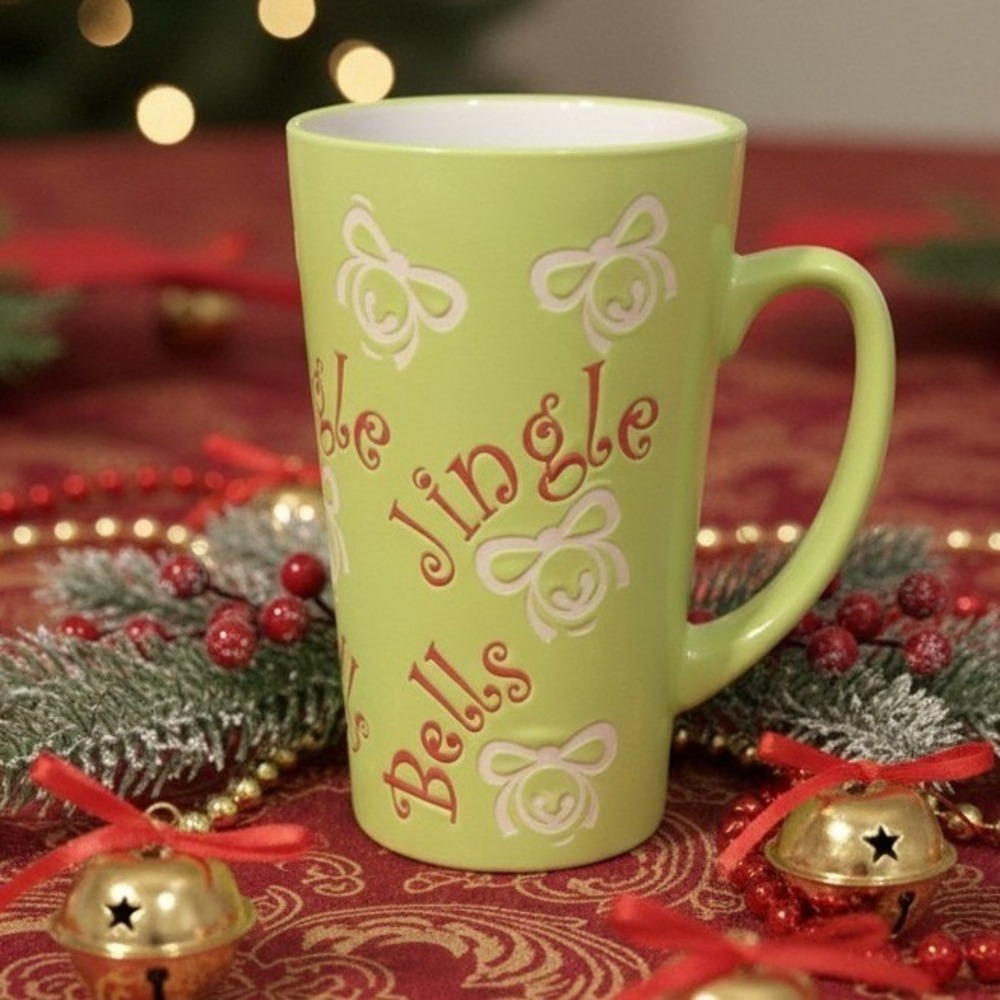 Mulberry Home Collection Lime Green Jingle Bells Coffee Cup, Christmas Latte Mug